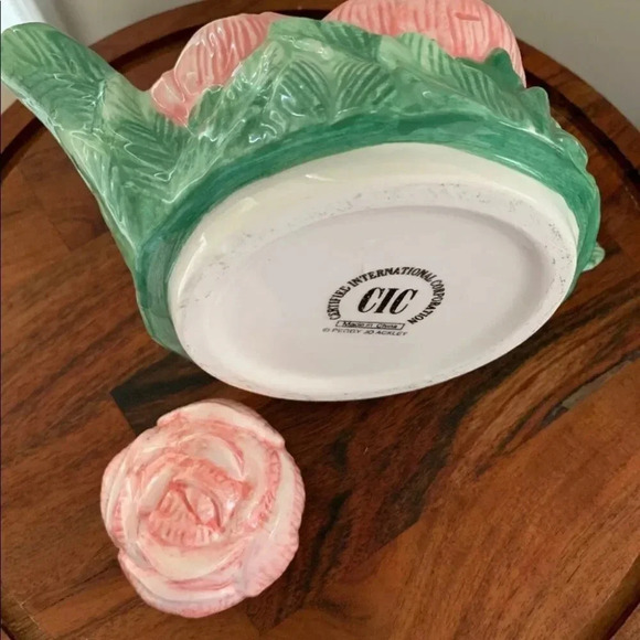 Peggy Jo Ackley Vintage Rose Teapot Pink Green Floral Ceramic Cottage core EUC - Picture 3 of 7